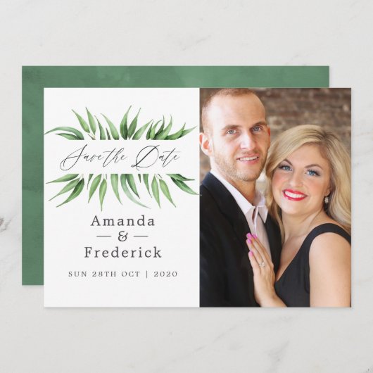 Eucalyptusbladeren groen wedding save the date (Voorkant / Achterkant)