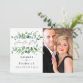 Eucalyptusbladeren groene bloemen bruiloft save the date (Staand voorkant)