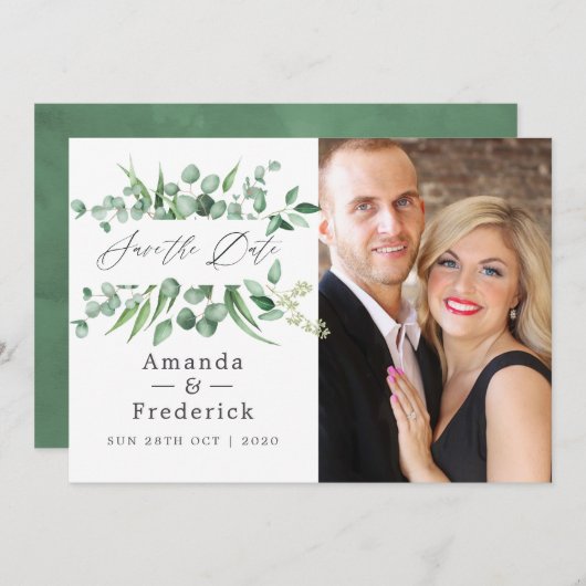 Eucalyptusbladeren groene bloemstuk bruiloft save the date (Voorkant / Achterkant)