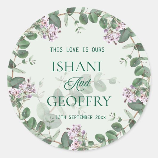 Eucalyptusbladeren Groene Huwelijk Ronde Sticker (Voorkant)