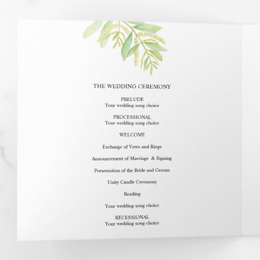 Eucalyptusbladeren groene waterverf bruiloft drieluik programma (Binnenzijde eerst)