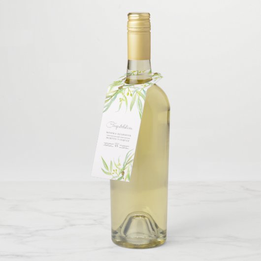 Eucalyptusbladeren groene waterverf bruiloft flessenhanger (Schuin)