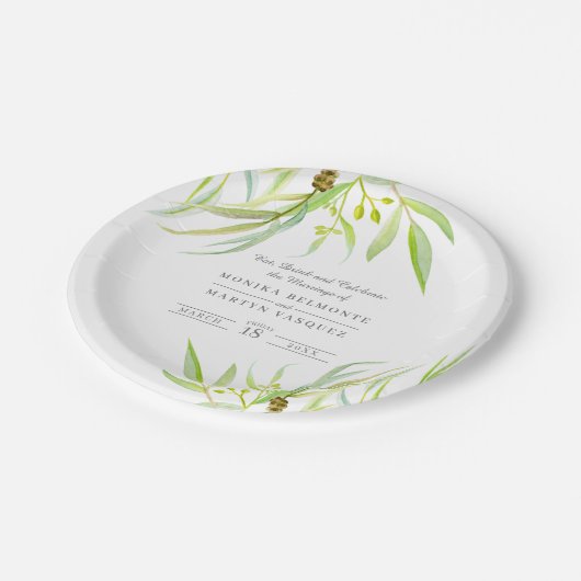 Eucalyptusbladeren groene waterverf bruiloft papieren bordje (Gekanteld)