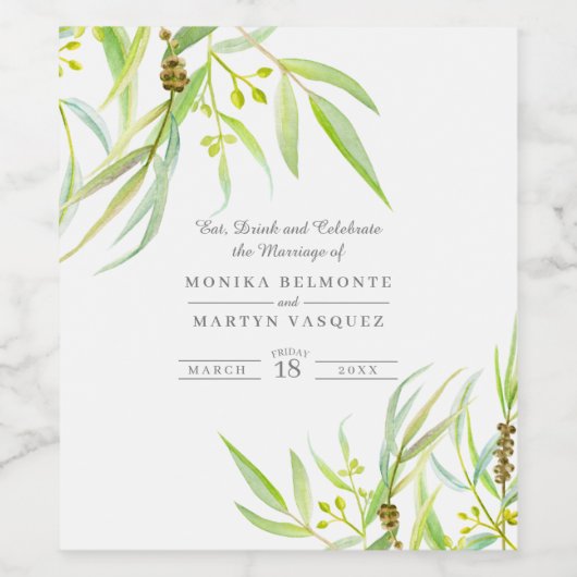 Eucalyptusbladeren groene waterverf bruiloft wijn etiket (Enkel label)