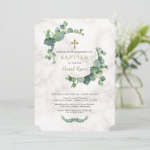 Eucalyptusbladeren Krans Kruis Marmer Doop Kaart (Staand voorkant)