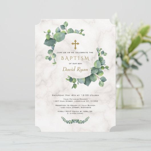 Eucalyptusbladeren Krans Kruis Marmer Doop Kaart (Staand voorkant)