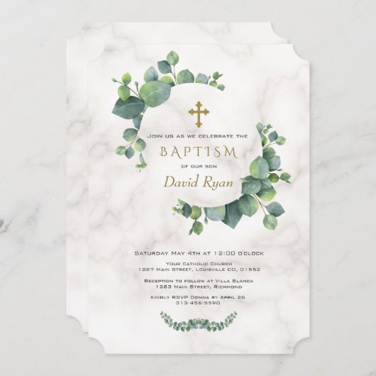 Eucalyptusbladeren Krans Kruis Marmer Doop Kaart (Voorkant / Achterkant)