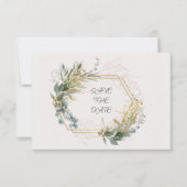 Eucalyptusbladeren met gouden accenten en Lijst Save The Date (Voorkant)