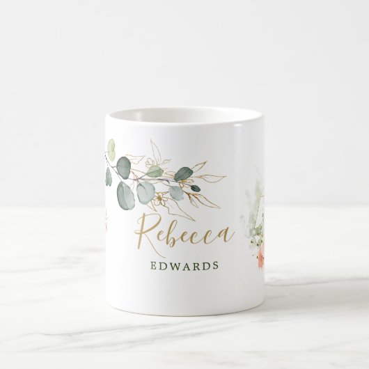 Eucalyptusbladeren, roos, gouden lijst, jouw naam koffiemok (Center)