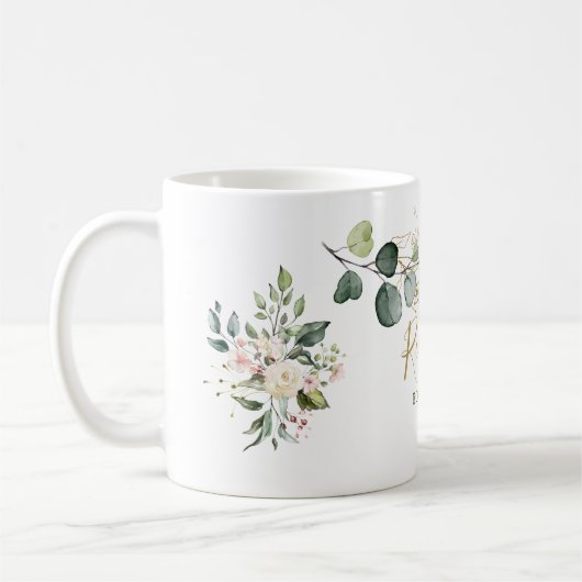 Eucalyptusbladeren, roos, gouden lijst, jouw naam koffiemok (Links)