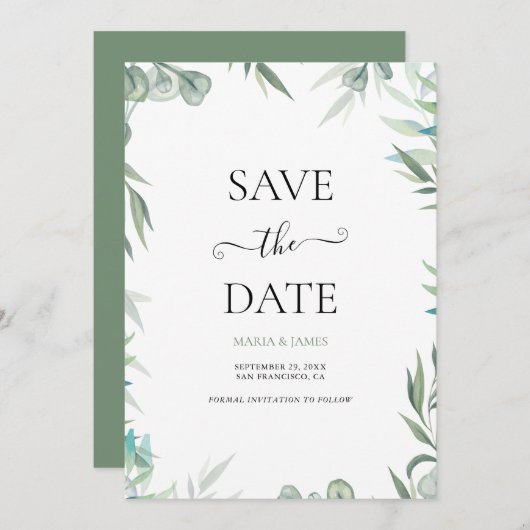 Eucalyptusbladeren Trouwdag Save The Date (Voorkant / Achterkant)