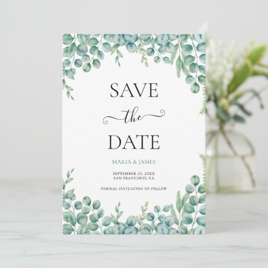Eucalyptusbladeren Trouwdag Save The Date (Staand voorkant)