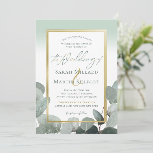Eucalyptusbruiloft met een stoffige blauwe groene kaart (Staand voorkant)