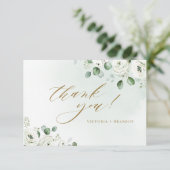 Eucalyptusbruine witte florale bruiloft bedankkaart (Staand voorkant)