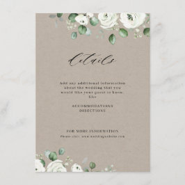 Eucalyptusbruine witte florale bruiloft informatiekaartje