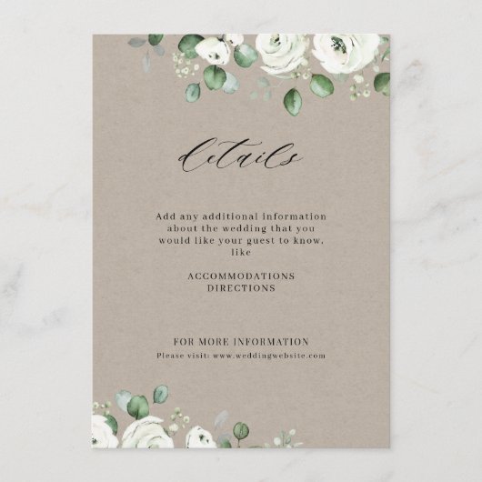Eucalyptusbruine witte florale bruiloft informatiekaartje (Voorkant)