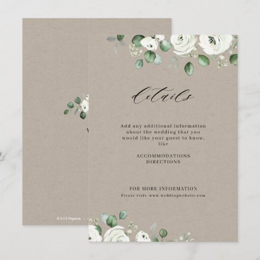 Eucalyptusbruine witte florale bruiloft informatiekaartje (Voorkant / Achterkant)