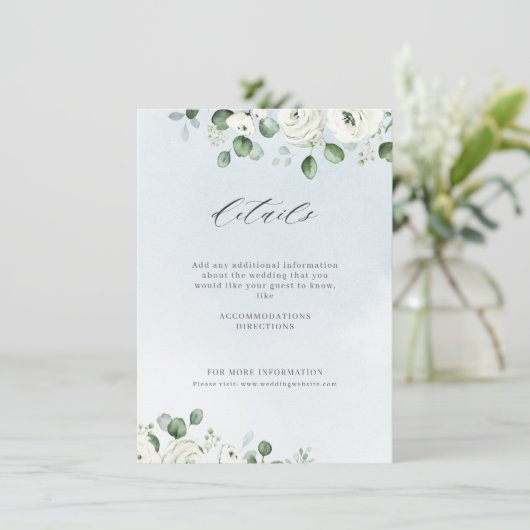Eucalyptusbruine witte florale bruiloft informatiekaartje (Staand voorkant)