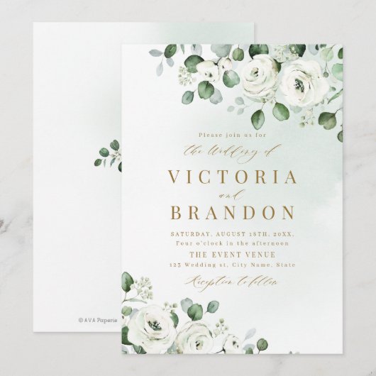 Eucalyptusbruine witte florale bruiloft kaart (Voorkant / Achterkant)