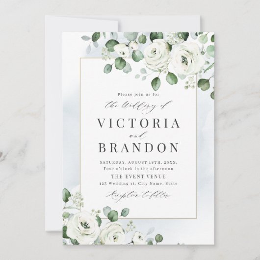 Eucalyptusbruine witte florale bruiloft kaart (Voorkant)