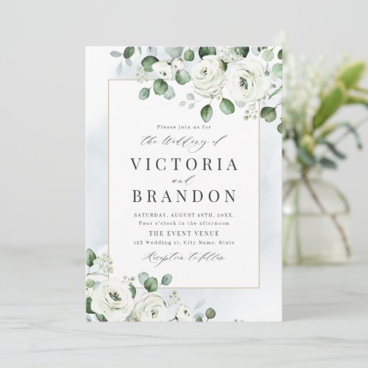 Eucalyptusbruine witte florale bruiloft kaart (Staand voorkant)