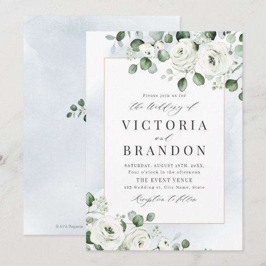Eucalyptusbruine witte florale bruiloft kaart (Voorkant / Achterkant)