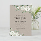 Eucalyptusbruine witte florale bruiloft kaart (Staand voorkant)