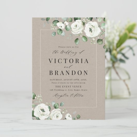 Eucalyptusbruine witte florale bruiloft kaart (Staand voorkant)