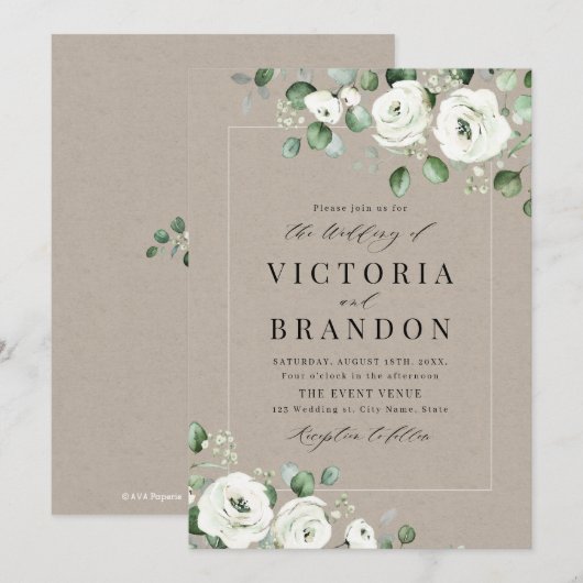 Eucalyptusbruine witte florale bruiloft kaart (Voorkant / Achterkant)