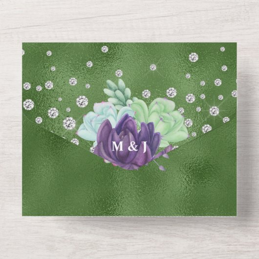 Eucalyptuscactus emerald paarse shimmer bruiloft all in one uitnodiging (Achterkant)