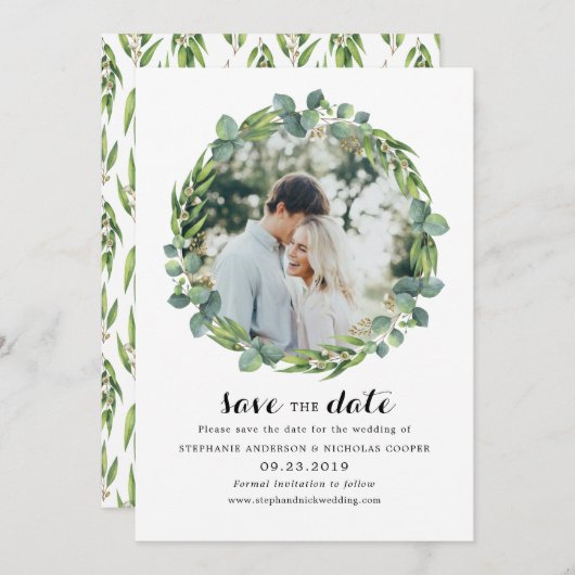 Eucalyptusfoto slaat de datum op save the date (Voorkant / Achterkant)