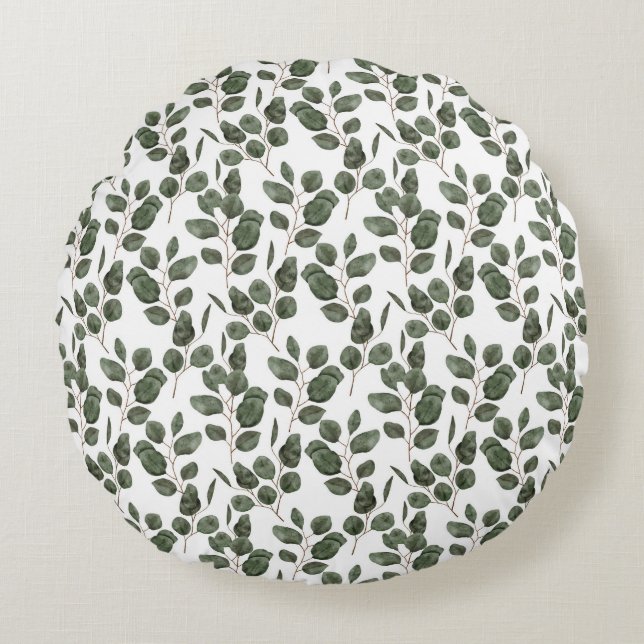 Eucalyptusgroen Botanische groene witte trendy Rond Kussen (Voorkant)