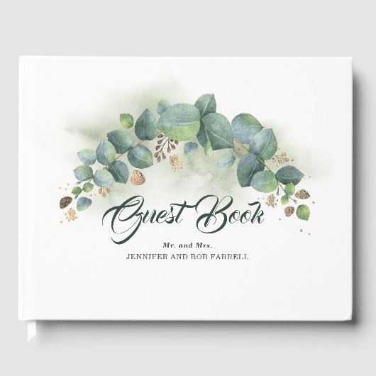 Eucalyptusgroen en gouden bladeren elegant gastenboek (Voorkant)