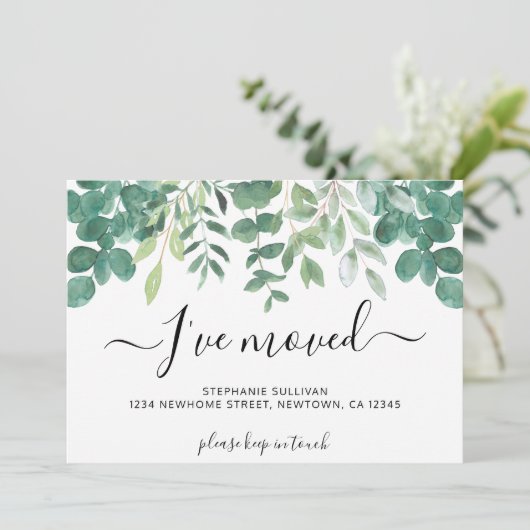Eucalyptusgroen Ik ben verhuisd Aankondiging (Staand voorkant)
