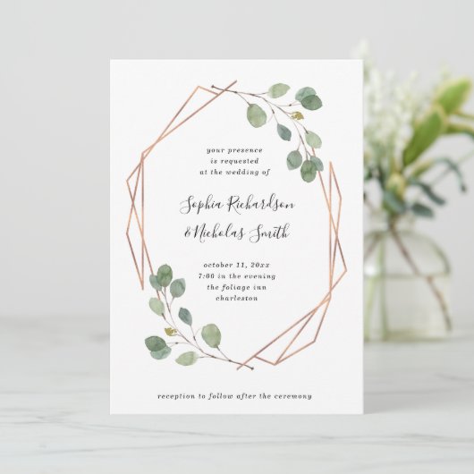 Eucalyptusgroen | Roos Gouden Geometrische bruilof Kaart (Staand voorkant)