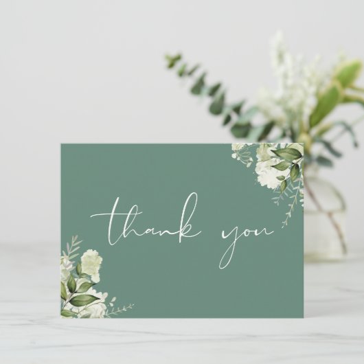 Eucalyptusgroene botanische groene elegant script bedankkaart (Staand voorkant)