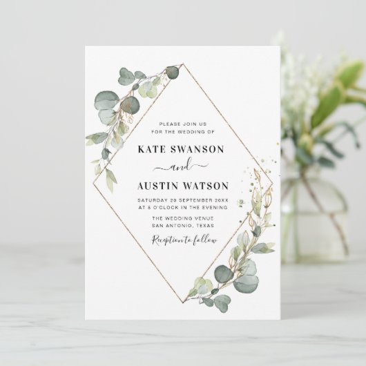 eucalyptusgroene geometrische bruiloft kaart (Staand voorkant)