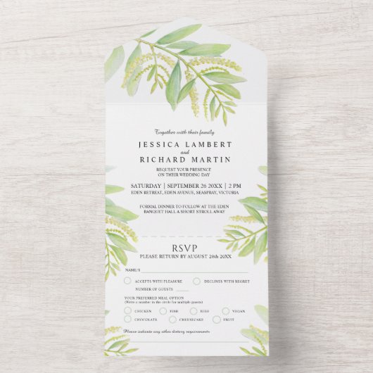 Eucalyptusgroene waterverf RSVP All In One Uitnodiging (Binnen)