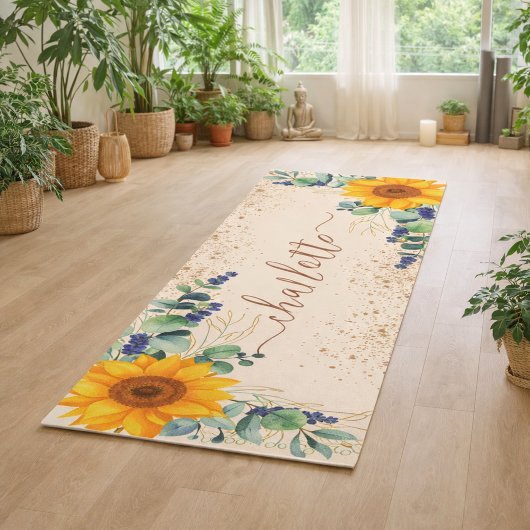 Eucalyptusgroene zonnebloemen glitter yogamat