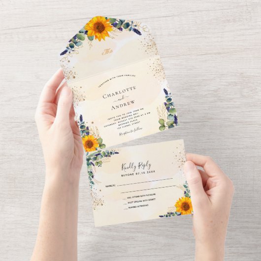 Eucalyptusgroene zonnebloemen gouden bruiloft all in one uitnodiging (Afscheurbaar)