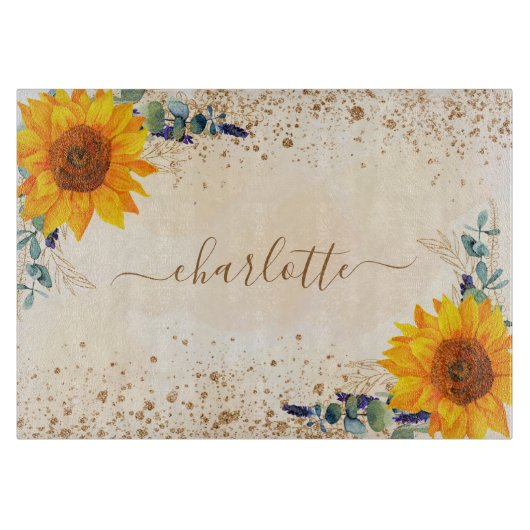 Eucalyptusgroene zonnebloemen roos goudglitter snijplank (Voorkant)