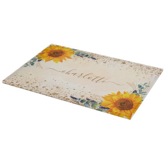 Eucalyptusgroene zonnebloemen roos goudglitter snijplank (Hoek)