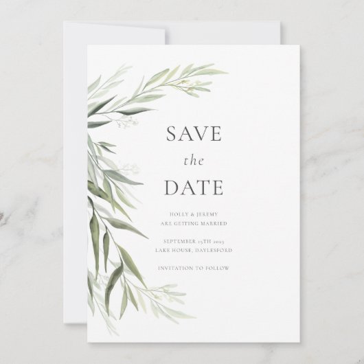 Eucalyptushars Groen Blad Save the Date Kaart (Voorkant)