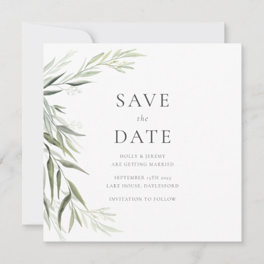Eucalyptushars Groen Blad Save the Date Kaart (Voorkant)