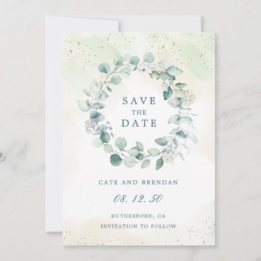 Eucalyptushulst Waterverf Krans Bruiloft Save The Date (Voorkant)