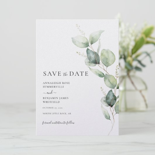 Eucalyptusminimalistische Waterverf bruiloft Save The Date (Staand voorkant)