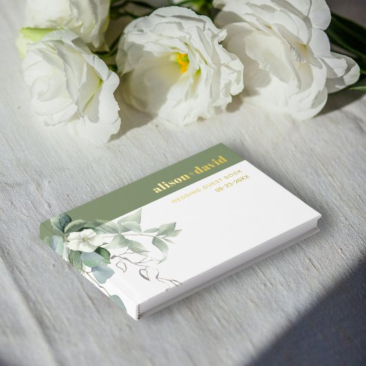 Eucalyptustak en witte bloemen bruiloft folie gastenboek