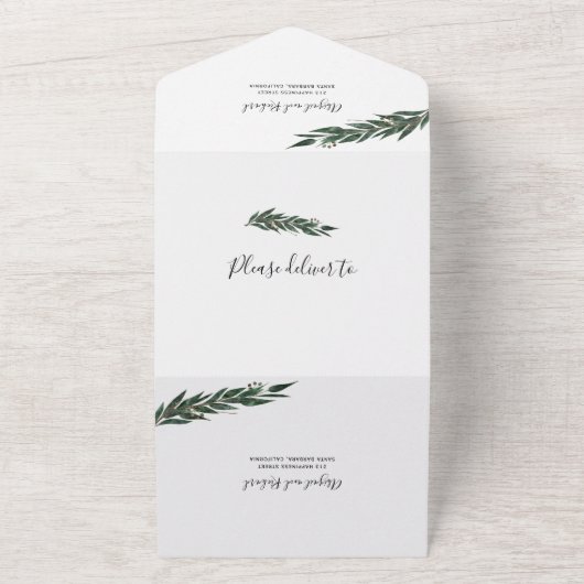 Eucalyptustak met winterbruiloft all in one uitnodiging (Buitenkant)