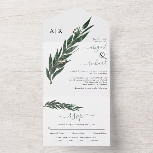 Eucalyptustak met winterbruiloft all in one uitnodiging (Binnen)