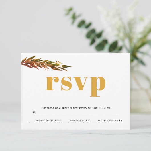 Eucalyptusvertakking, herfstkleuren bruiloft RSVP- RSVP Kaartje (Staand voorkant)
